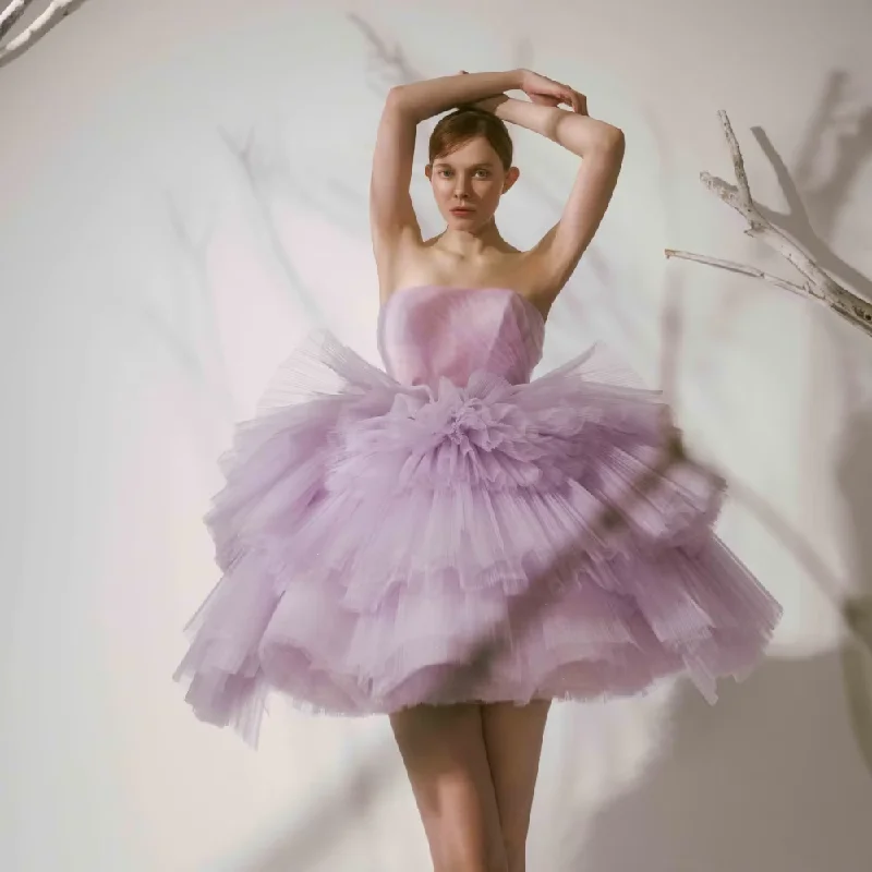 sophisticated dressPretty Lavender Tulle Tiered Layered Short Evening Dresses Party Strapless Puff Mini Female Bridal Gown