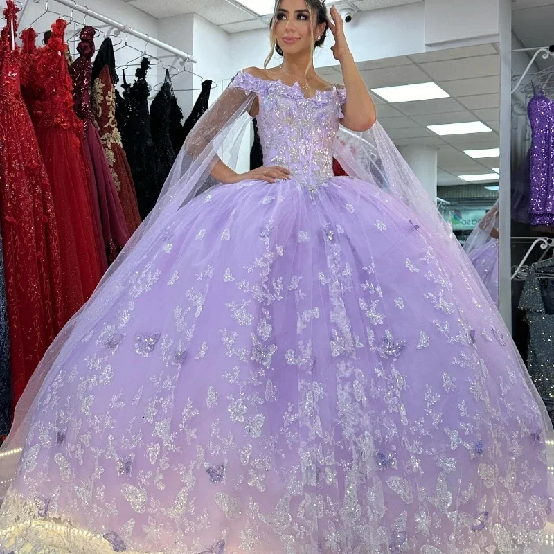 Instant Discount chic dressLavender Shiny Off Shoulder Quinceanera Dresses Lace Bow Beads Tull With Cape Corset Prom Party Gown 16 Vestidos De XV Anos Instant Discount chic dressLavender Shiny Off Shoulder Quinceanera Dresses Lace Bow Beads Tull With Cape Corset Prom Party Gown 16 Vestidos De XV Anos