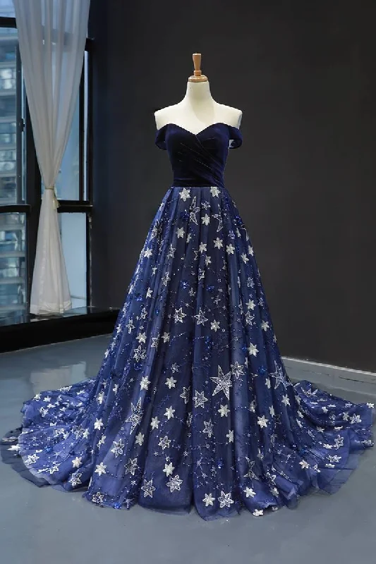 fitted dressElegant Off the Shoulder Navy Blue Prom Dress