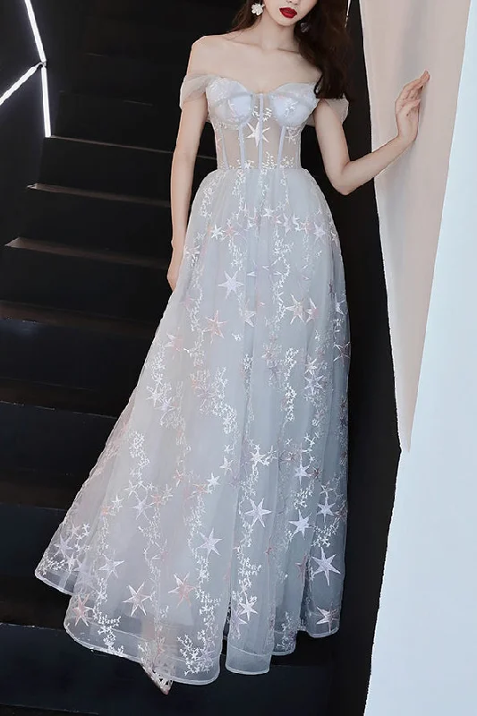 Unbeatable Prices oversized dressElegant Off Shoulder A-Line White Long Prom Dress with Stars