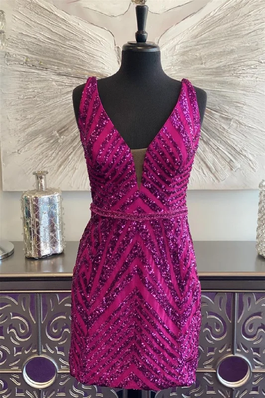 shift dressFuchsia Plunging V Neck Sequins-Embroidery Sheath Homecoming Dress