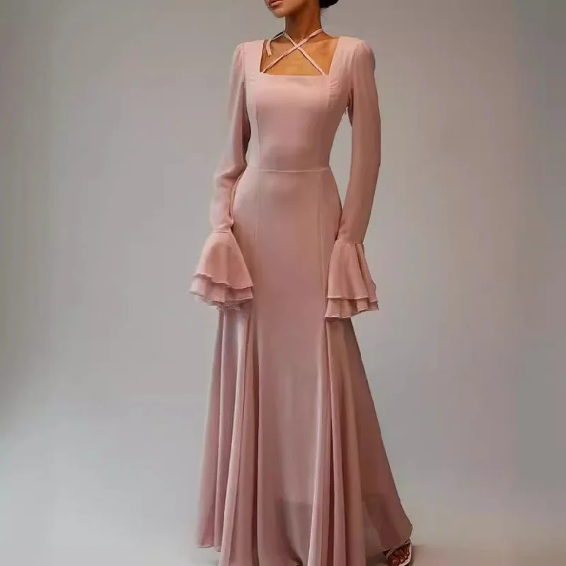 Epic Deals satin dressAutumn Square Collar Bell Sleeve Temperament Dress