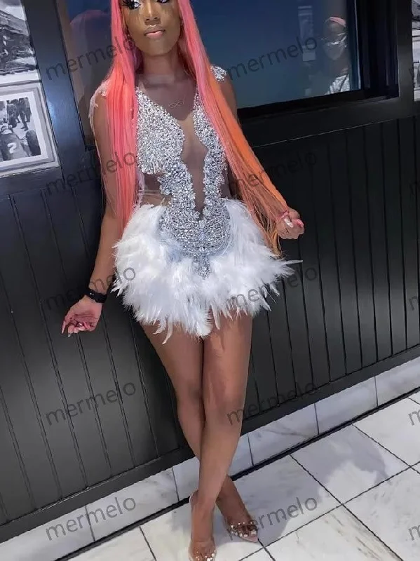 Instant Discount textured dressGlitter Crystals Beading White Feathers Graduation Birthday Cocktail Party Instant Discount textured dressGlitter Crystals Beading White Feathers Graduation Birthday Cocktail Party