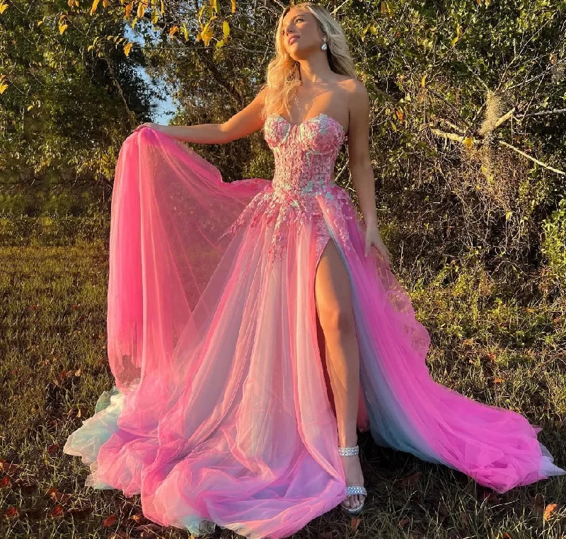 Today’s Deal t-shirt dressFairy Pink Sky Blue Prom Party Dresses Appliques Lace Flowers Women Evening Dress Slit Formal Wedding Engagement Gowns