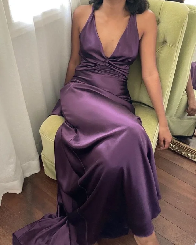 satin dressPurple V Neck Backless Evening Dress Long Prom Dress Party Dress Y7520