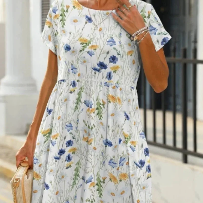 Online Only lace-up dressNew European And American Round Neck Printed Casual Dress