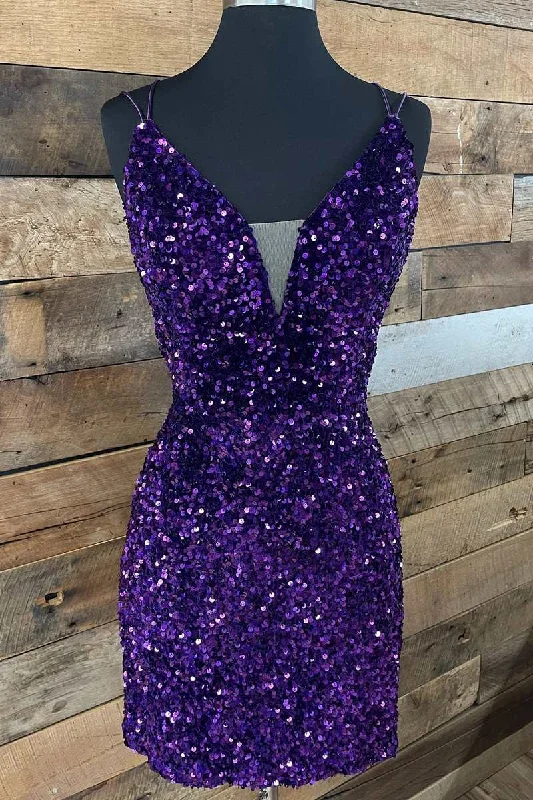 elegant dressPurple Sequin Plunge V Lace-Up Short Party Dress