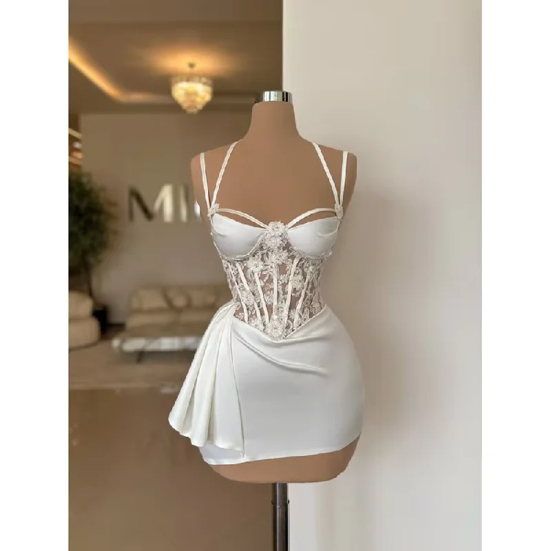 ashionable dressSexy White Prom Dress Women Spaghetti Above Knee Appliques Illusion Short Mini Skirt Prom Gown Special Occasion Party Vestido