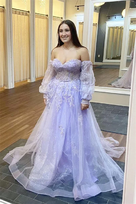 luxury dressLilac A-Line Tulle Off-Shoulder Lace-Up Back Long Prom Dress