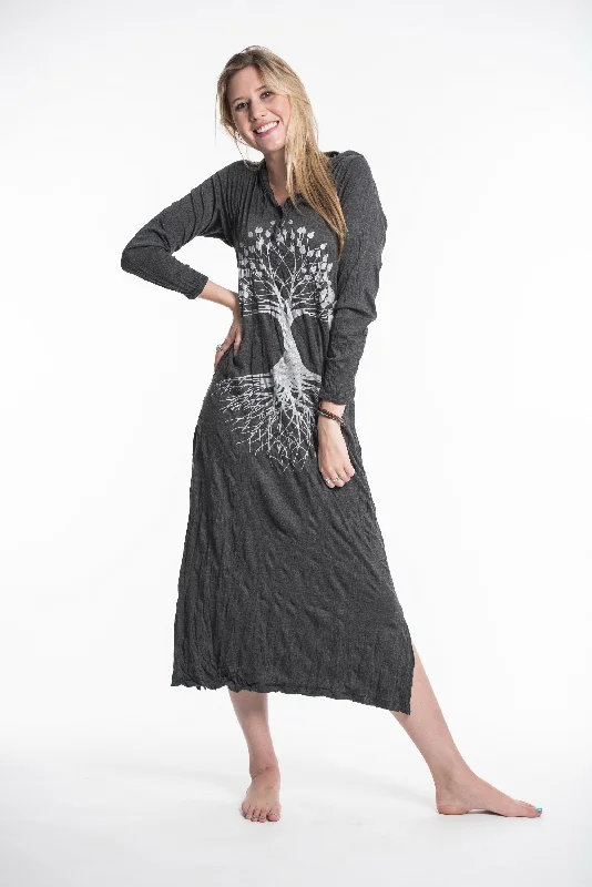 Massive Deals Womens Tree of Life Long Hoodie Dress in Silver on Black