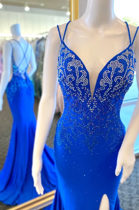 playful dressBeaded Royal Blue Mermaid Long Formal Dress