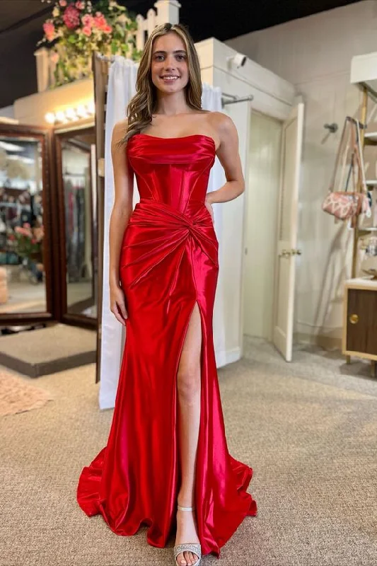 One-DAY Sale casual shift dressRed Strapless Ruched Mermaid Long Formal Dress with Slit Y6860