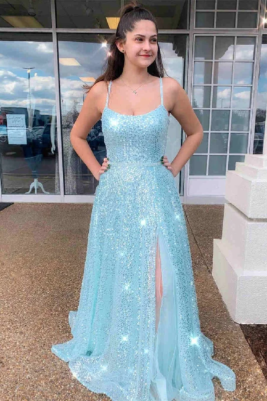 flowy dressLight Blue Side Slit Long Prom Dress with Sequins