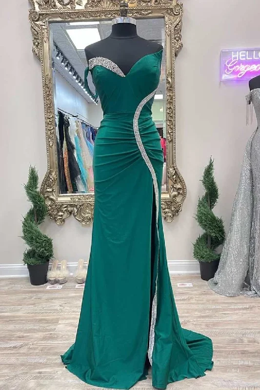 modern dressAsymmetrical Green Beaded Mermaid Long Prom Dress with Slit