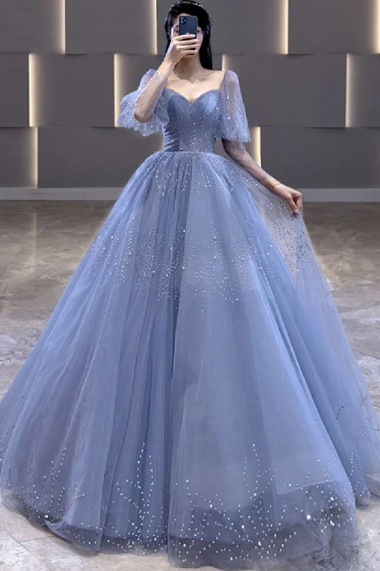 casual summer dressBlue Tulle Beaded Long A Line Prom Dress Formal Evening Dress Ball Gown Y7627