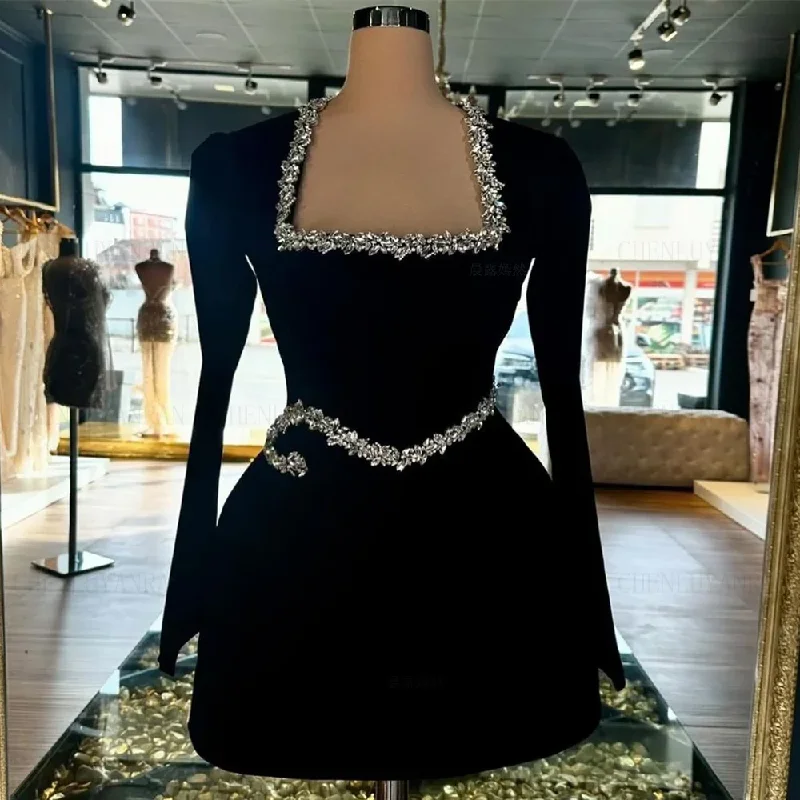 New Markdowns floral wrap dressVelour Black Formal Occasion Dresses 2024 Beading Long Sleeves Mini Party Dress Elegant Sexy Evening Gowns فساتين مناسبة رسمية