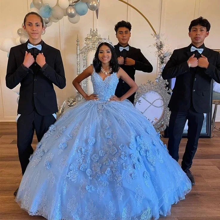 Clearance Sale ruched dressLight Sky Blue Quinceanera Off Shoulder Tulle 3D Floral Formal Birthday Luxury Dress 15th Ball Gown Y6958