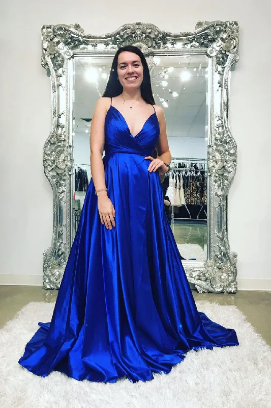 Big Savings long-sleeve floral dressV Neck Royal Blue Long Prom Dress with Straps