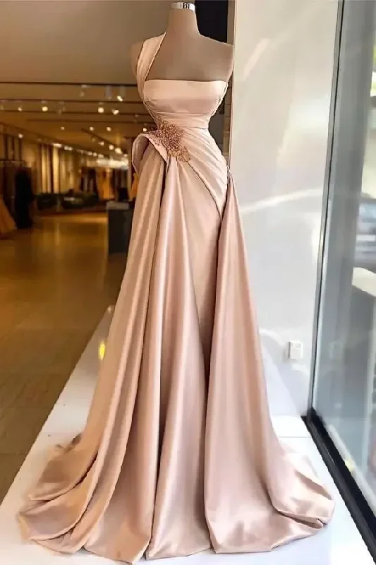 Sale Event casual evening dressElegant One Shoulder Satin Mermaid Evening Dresses Beaded Ruched High Split Sweep Train Formal Party Prom Gowns