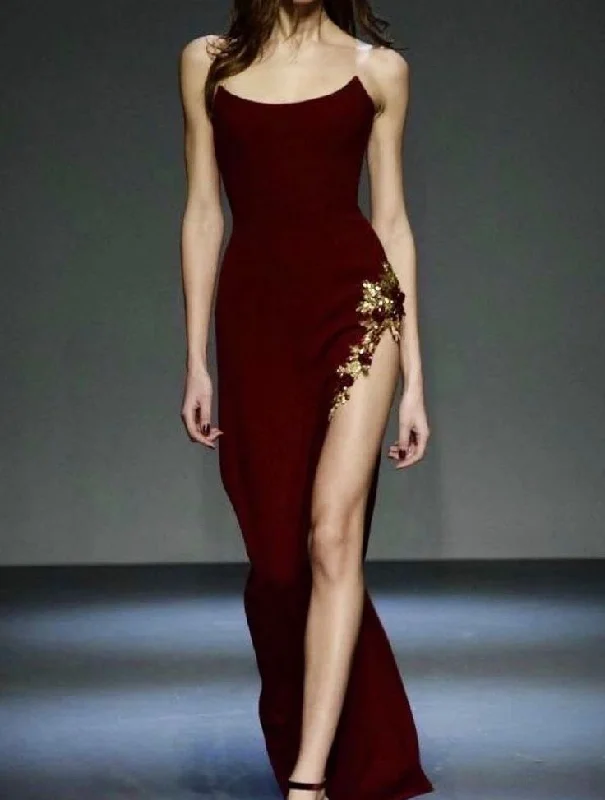 trendy bodycon dressVintage Burgundy Mermaid Appliques Evening Dress Side Slit Prom Dress Y7724