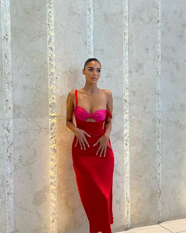 knit dressElegant Bicolor Red & Hot Pink Prom Gown Ankle Length Women Clothing Straight Sleeveless Square Neck Evening Dresses