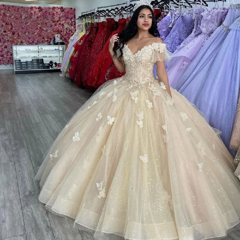 comfy maxi dressChampagne Golden Quinceanera Dress Sparkling Fabric V Neck Butterfly Long Ball Gown Prom Dress Sequin Tulle Party Gown