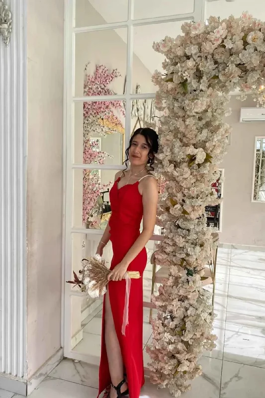 Special Savings sleek dressWomen's Red Stone Strap Slit Fabric Shiny Evening Dress Engagement Wedding Graduation Dress Evening Party Gown