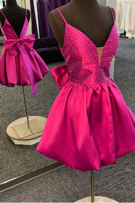 tiered dressGlitter Magenta V-Neck Bow Back A-Line Short Homecoming Dress