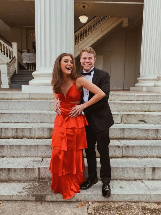 Super Bargain floral midi dressRed A-line Tiered Prom Dress,Red Evening Gown Y6371