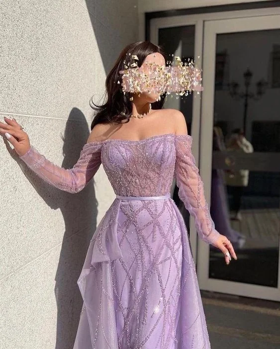 Super Sale shift dressLilac Off-The-Shoulder Long Sleeves Tulle Prom Dress Mermaid With Beads Y6716 Super Sale shift dressLilac Off-The-Shoulder Long Sleeves Tulle Prom Dress Mermaid With Beads Y6716