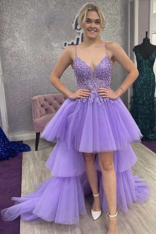 office dressHigh-Low Lavender Lace V-Neck Tiered Prom Dress