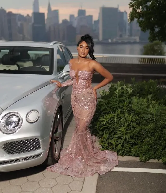 Act Now ruched dressRose Pink African Mermaid Evening Formal Dress for Women Long Sleeve Sparkly Crystal Applique Prom Gown vestidos de gala mujer Act Now ruched dressRose Pink African Mermaid Evening Formal Dress for Women Long Sleeve Sparkly Crystal Applique Prom Gown vestidos de gala mujer