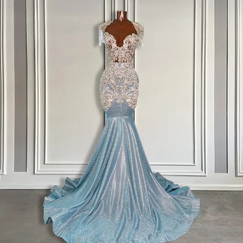 New Markdowns chic shift dressGlitter Sky Blue Mermaid Prom Dresses 2024 with Tassel Luxury Crystals Appliques Long Prom Party Gowns for Black Girls