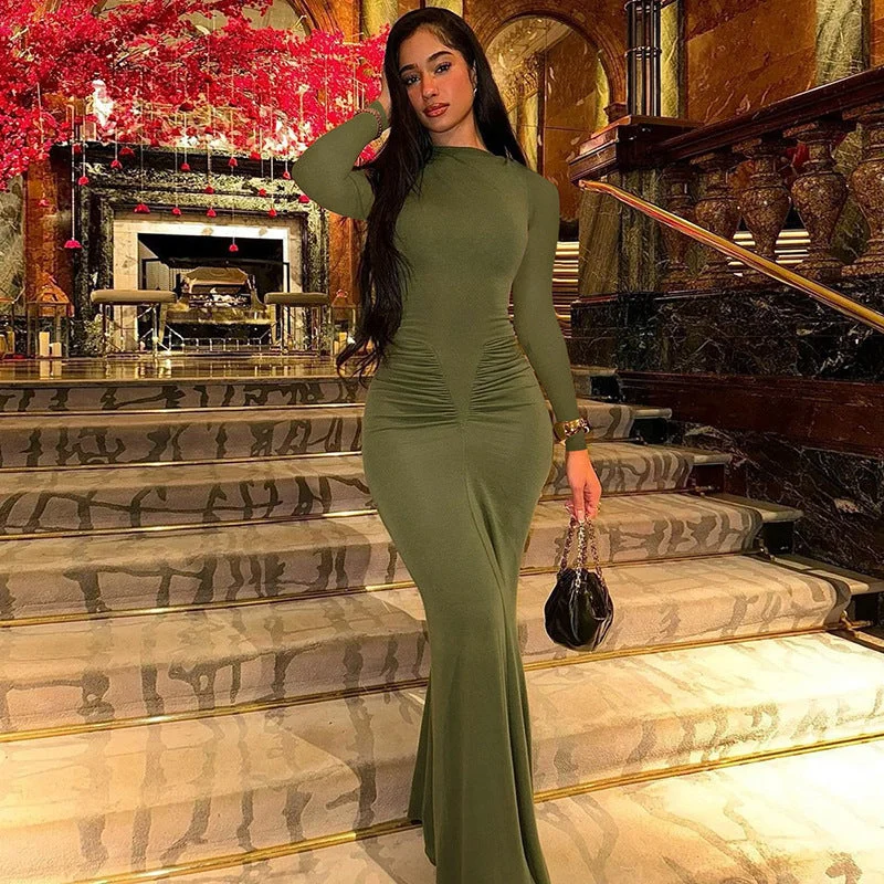 Special Savings bohemian dressLong Sleeve Pleated High Waist Slim Fit Dress