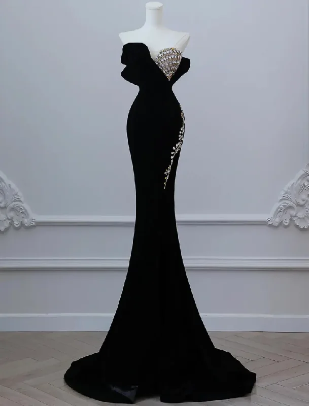 wool dressBlack Luxurious Velvet Beaded Evening Dress Long Prom Dress Y7675