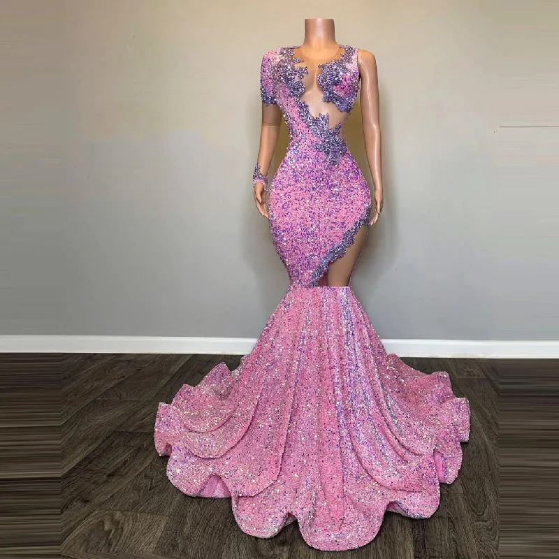 summer floral dressCharming Pink Sequin Mermaid Prom Dresses One Shoulder Long Sleeves Aappliques See Thru Hollow Out Women Trumpet Evening Gowns