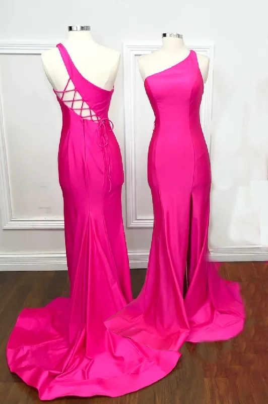 form-fitting dressOne Shoulder Hot Pink Mermaid Long Formal Dress