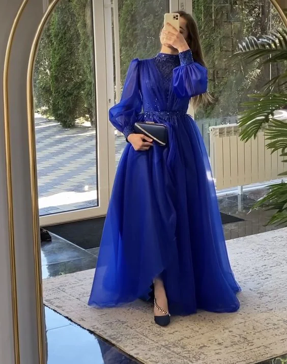 Fantastic Offers flowy dressModest Royal Blue A-line Tulle Prom Dress,Fashion Maxi Dress Y6968