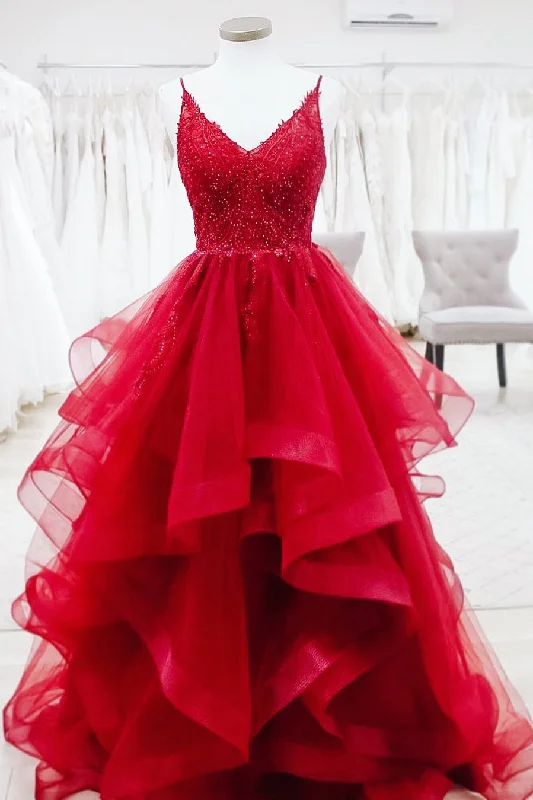 floral dressElegant V Neck A-Line Beaded Red Long Prom Dress