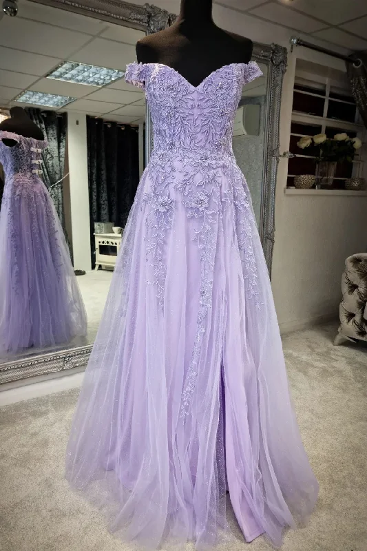 tiered dressLilac Off-the-Shoulder Appliques Tulle Long Prom Dress with Slit