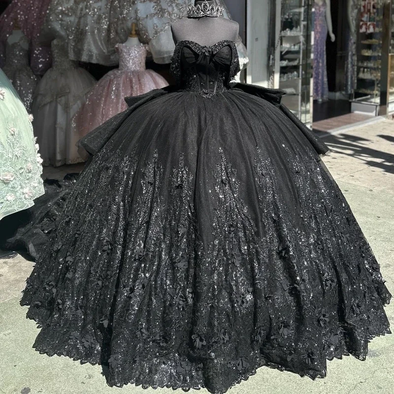 Price Cut vintage dressMexican Black Quinceanera Dresses Ball Gown Beaded Crystal Lace Appliques Sweet 16 Dress Princess Lace Up Vestido De 15 Años