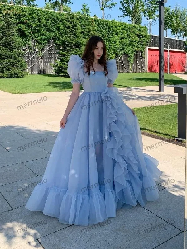 textured dressBlue Prom Dresses Short Puff Sleeves Ruffles Prom Party Gowns Princess Formal Dresses