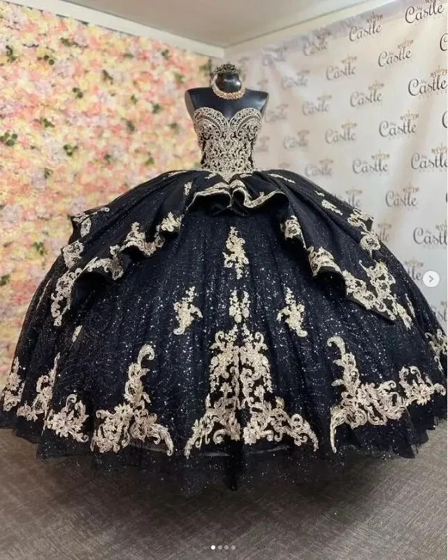 Weekend Deal off-shoulder dressGlittering Quinceanera Dresses Black Gold Applique Luxury Sweetheart Vestidos De 15 Anos Birthday Party Prom Corset Weekend Deal off-shoulder dressGlittering Quinceanera Dresses Black Gold Applique Luxury Sweetheart Vestidos De 15 Anos Birthday Party Prom Corset