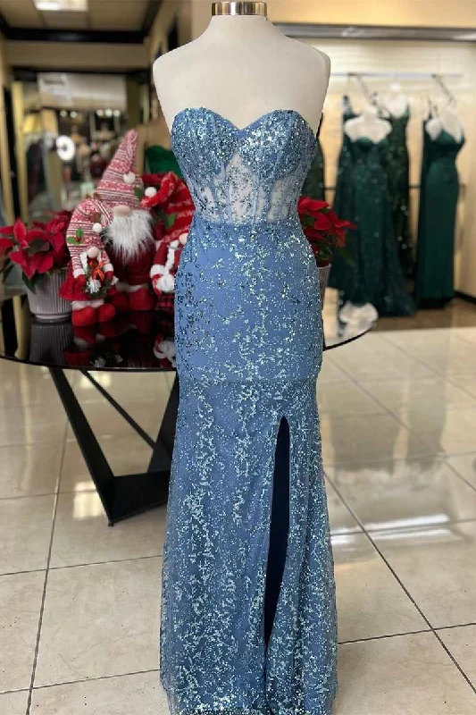 elegant evening dressGlitter Lace Sweetheart Mermaid Long Prom Dress with Slit