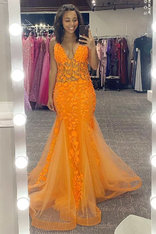 off-the-shoulder dressOrange Appliques V-Neck Backless Mermaid Long Prom Dress