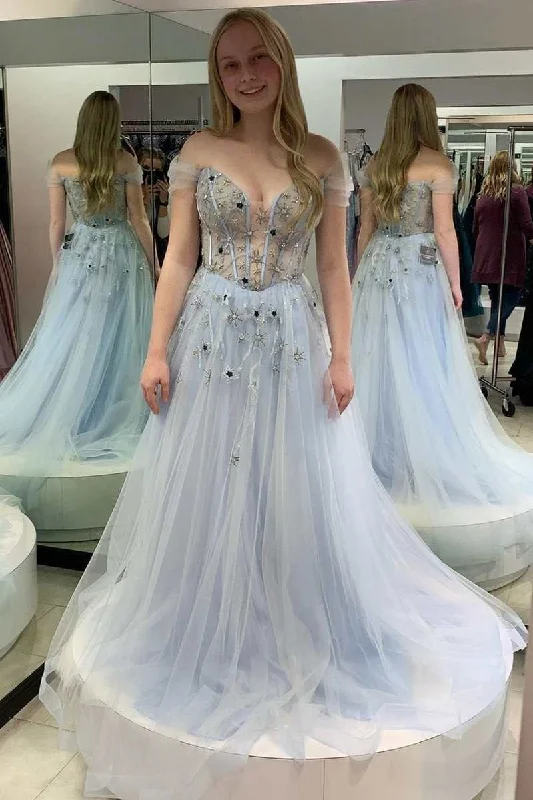 fitted cocktail dressFairy-Tale Light Blue Tulle Beaded Off-the-Shoulder A-Line Prom Gown