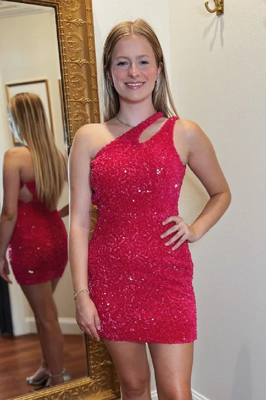 flowy dressRed One Shoulder Sequins Sheath Homecoming Dress