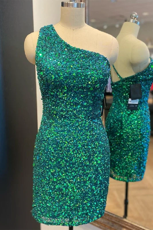 vintage-inspired dressHunter Green One Shoulder Straps Sequins Sheath Homecoming Dress