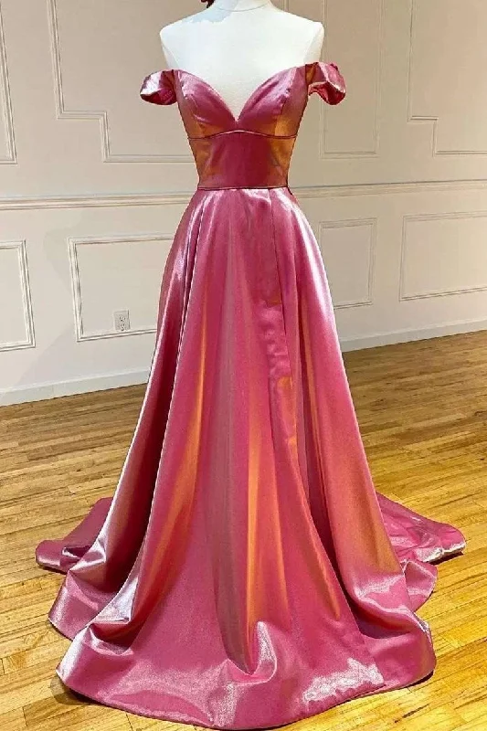 playful dressOff the Shoulder Pink A-line Long Formal Dress