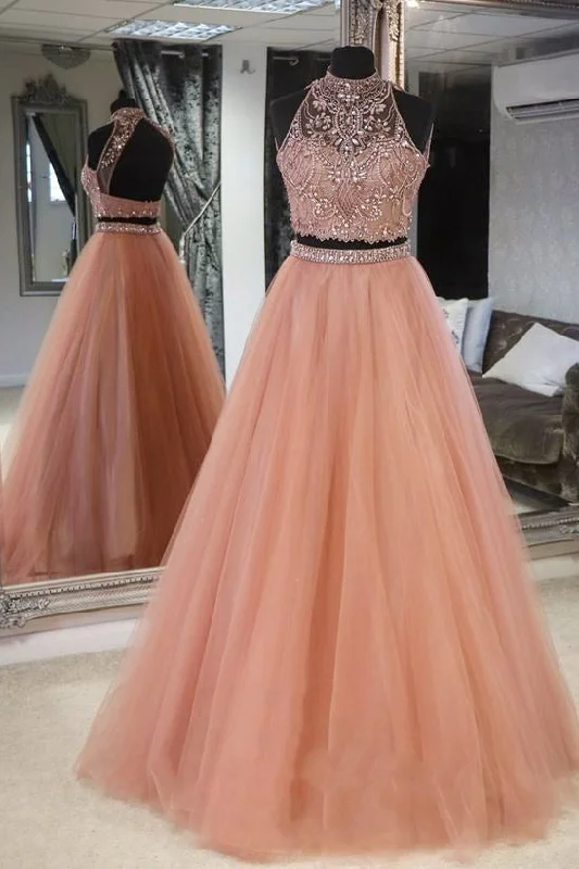 Warehouse Sale stylish dressElegant Halter Two Piece Beaded Peach Long Prom Dress